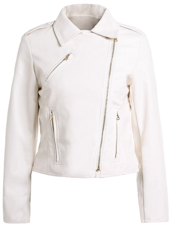 Stylish Turn-Down Collar Long Sleeve Slimming Zippered Women's PU Jacket - Blanc XL