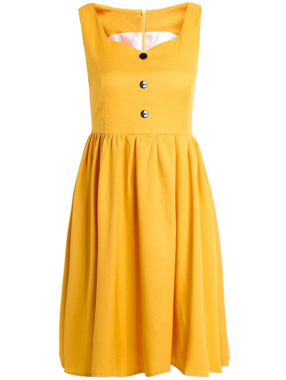 Vintage Sweetheart Neck Sleeveless Pure Color Women's Dress - Jaune M