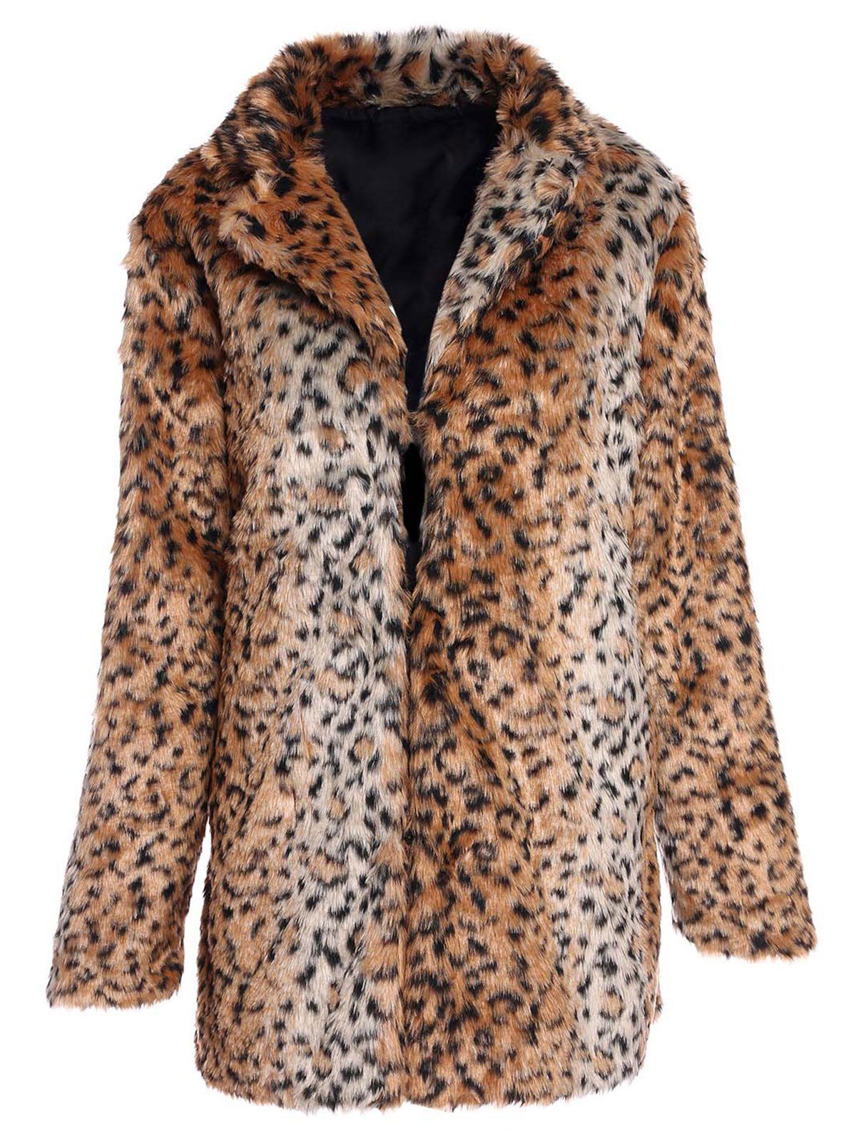Trendy Long Sleeve Turn-Down Neck Pocket Design Faux Fur Women's Coat - LEOPARD S