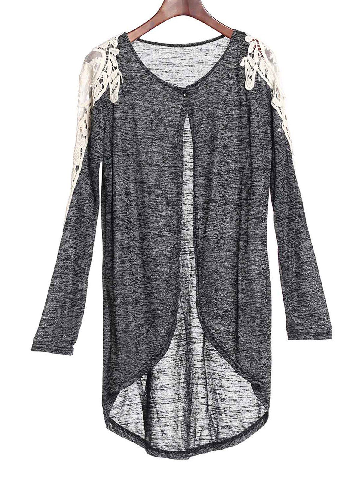 

Casual Hollow Out Lace Spliced 3/4 Sleeve Gray Cardigan For Women