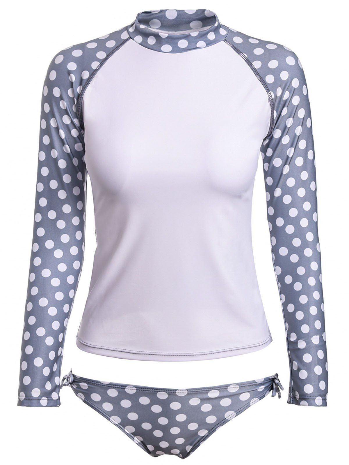 

Stylish Raglan Sleeve Polka Dot Printed T-Shirt and Briefs Twinset Swimwear For Women, Grey and white