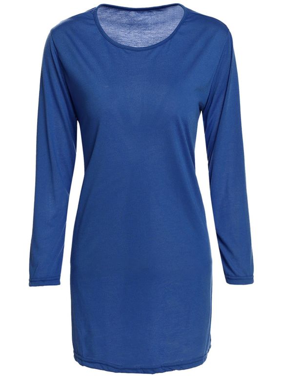 Brève Style Col 3/4 ronde manches amples massif robe des femmes de couleur - Bleu profond L