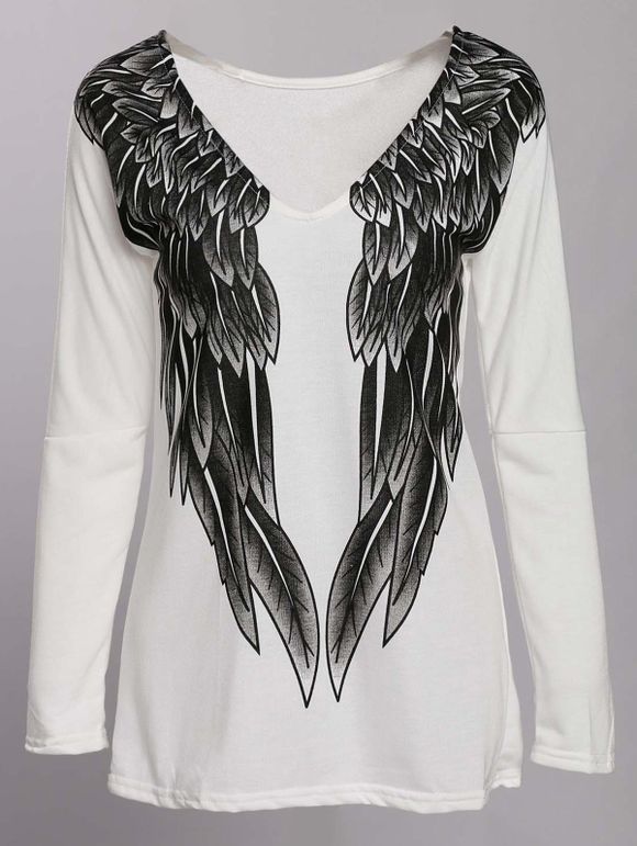 Stylish Long Sleeve Round Neck Wings Print Women's Sweatshirt - WHITE XL