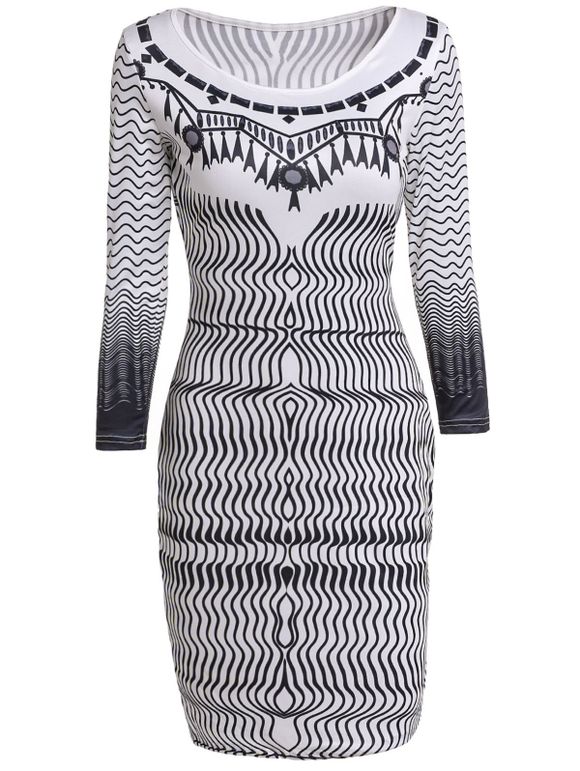 Elegant Zigzag Round Collar 3/4 Sleeve Dress For Women - Blanc S