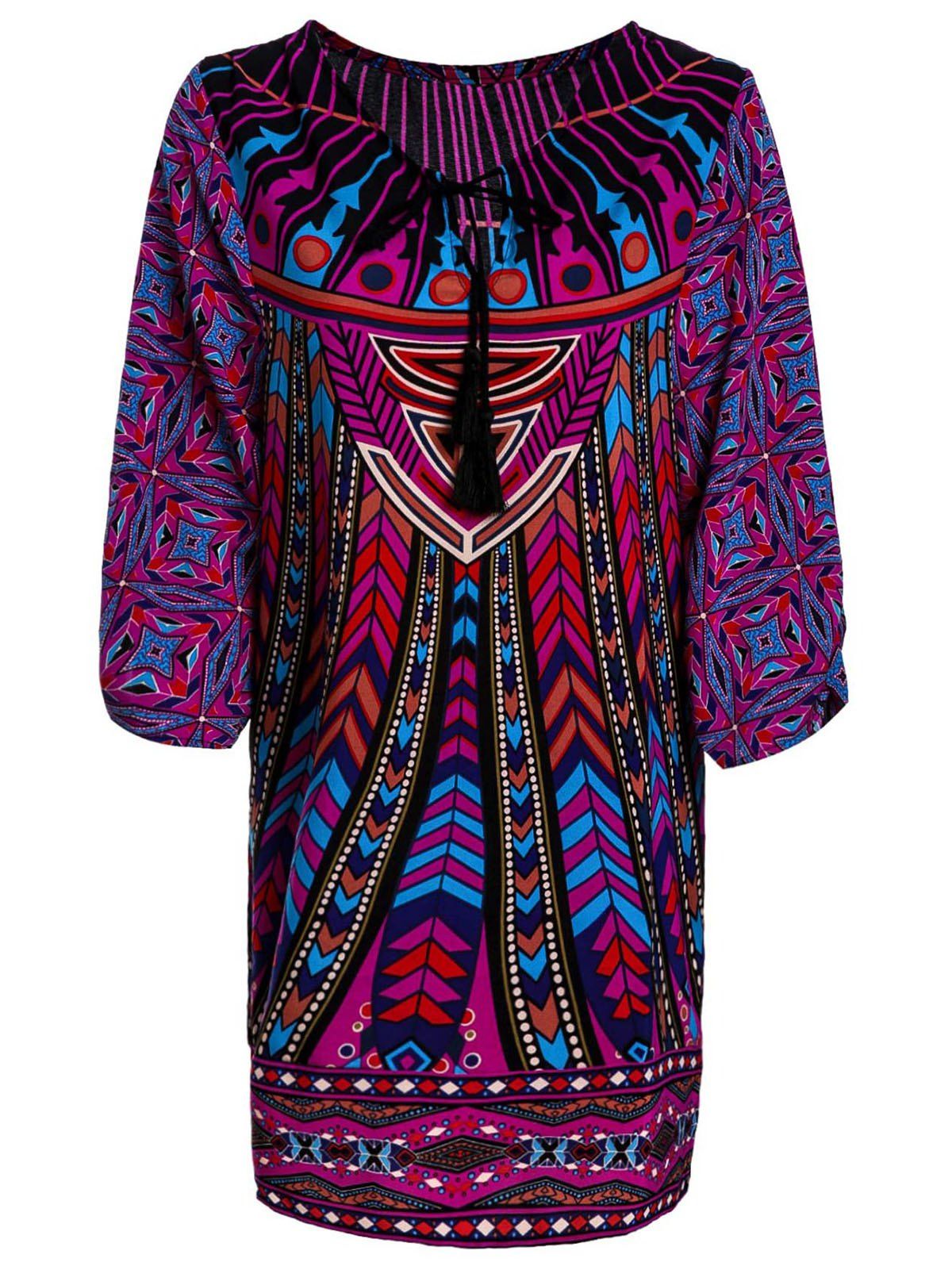 

Lace-Up V-Neck Colorful Ethnic Print 3/4 Sleeve Dress For Women, Colormix