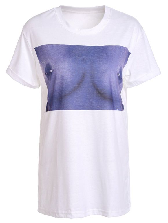 T-shirt élégant col rond manches courtes 3D Print Femmes - Blanc S
