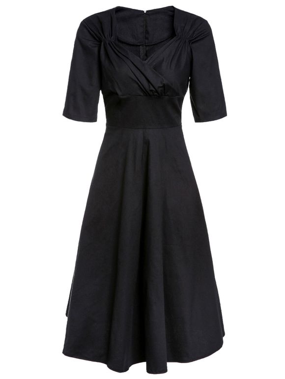 Style rétro à manches courtes décolleté en cœur solide ruché robe des femmes de couleur - Noir L