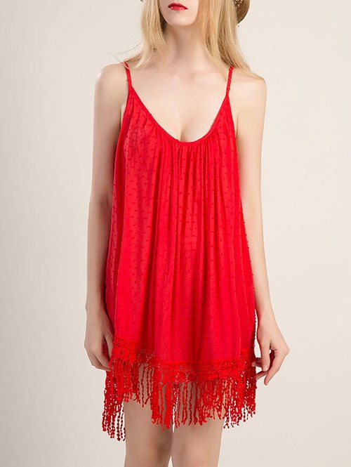 

Alluring Spaghetti Strap Fringe Design Solid Color Dress For Women, Red