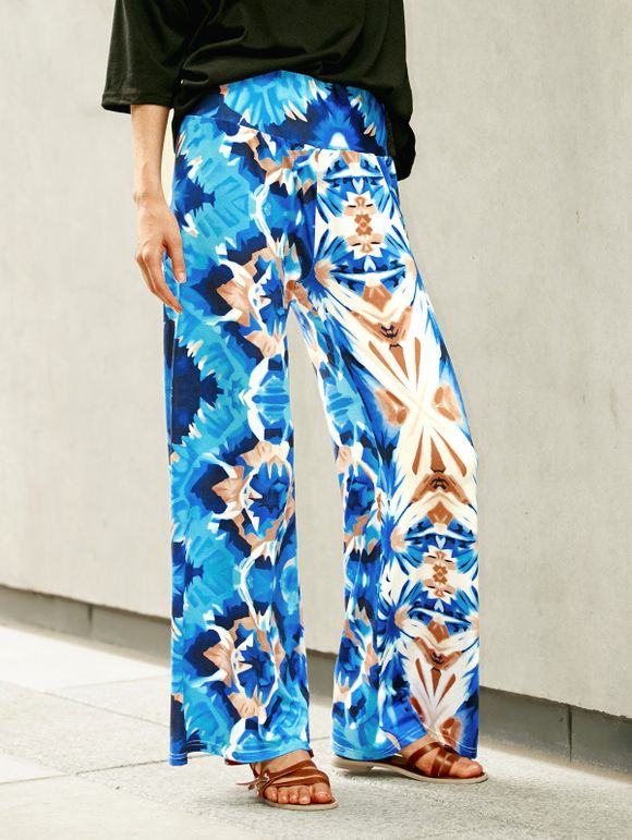 Trendy Colorful Imprimer taille haute à jambes larges pantalons pour femmes - Bleu L