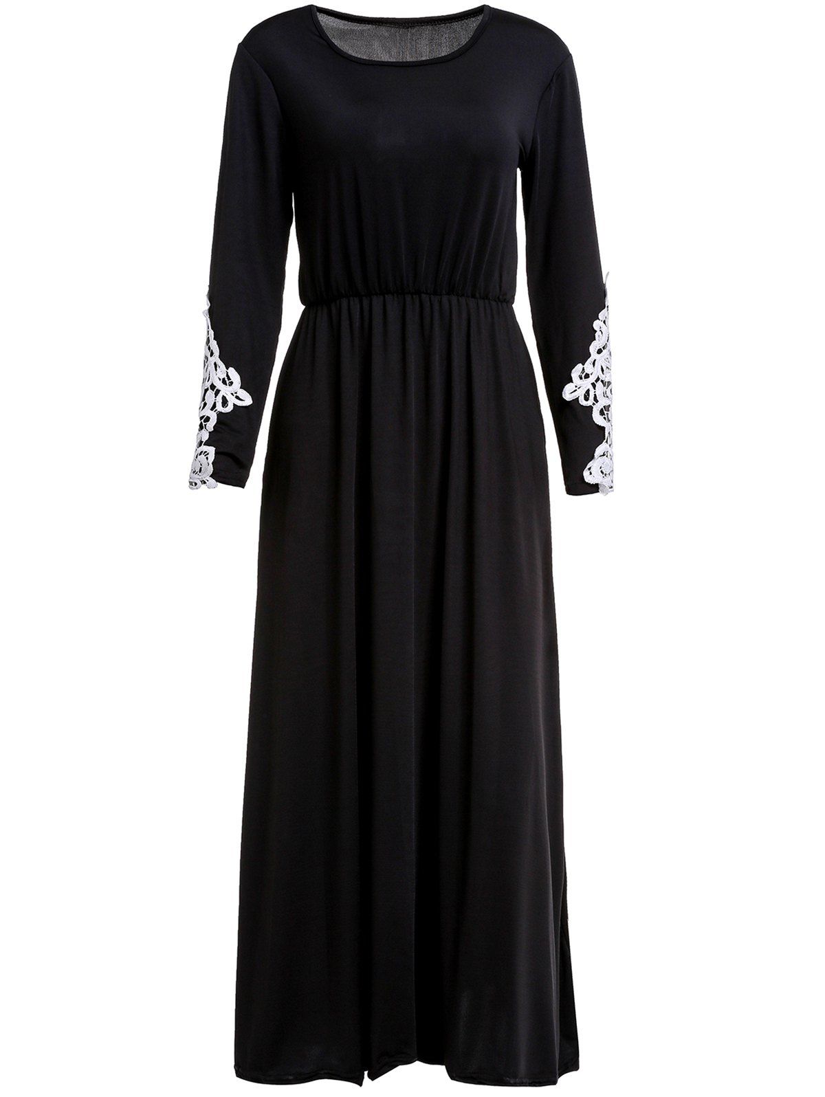 

Stylish Long Sleeve Scoop Collar Appliques Design Women's Maxi Dress, Black