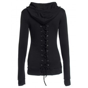 Stylish Black Lace-Up Back Long Sleeves Women's Hoodie, BLACK, S in ...