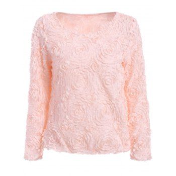 Fresh Style Solid Color Boat Neck 3D Rose Shape Long Sleeve Chiffon ...