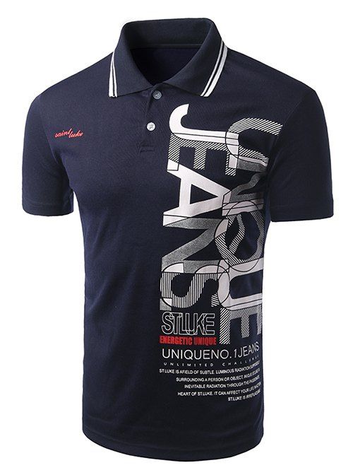 

Men's Turn-down Collar Letter Print Short Sleeves T Shirt, Cadetblue