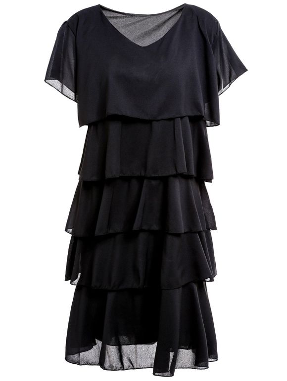Stylish Scoop Collar Short Sleeve Pure Color Layered Women's Dress - Noir XL