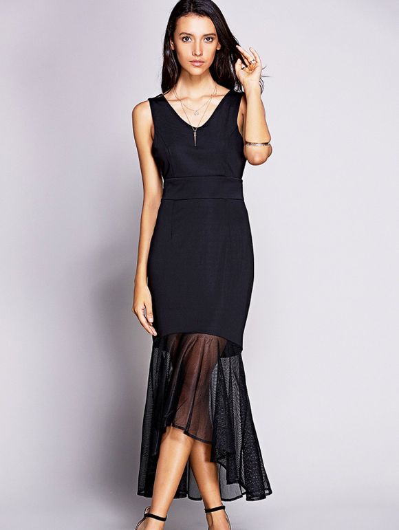 Chic V-cou sans manches Slimming Backless Fishtail design femmes de robe noire Midi - Noir 2XL