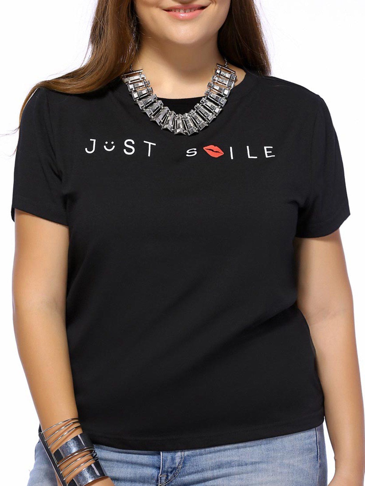 

Chic Plus Size Letter and Lip Pattern Women's T-Shirt, Black