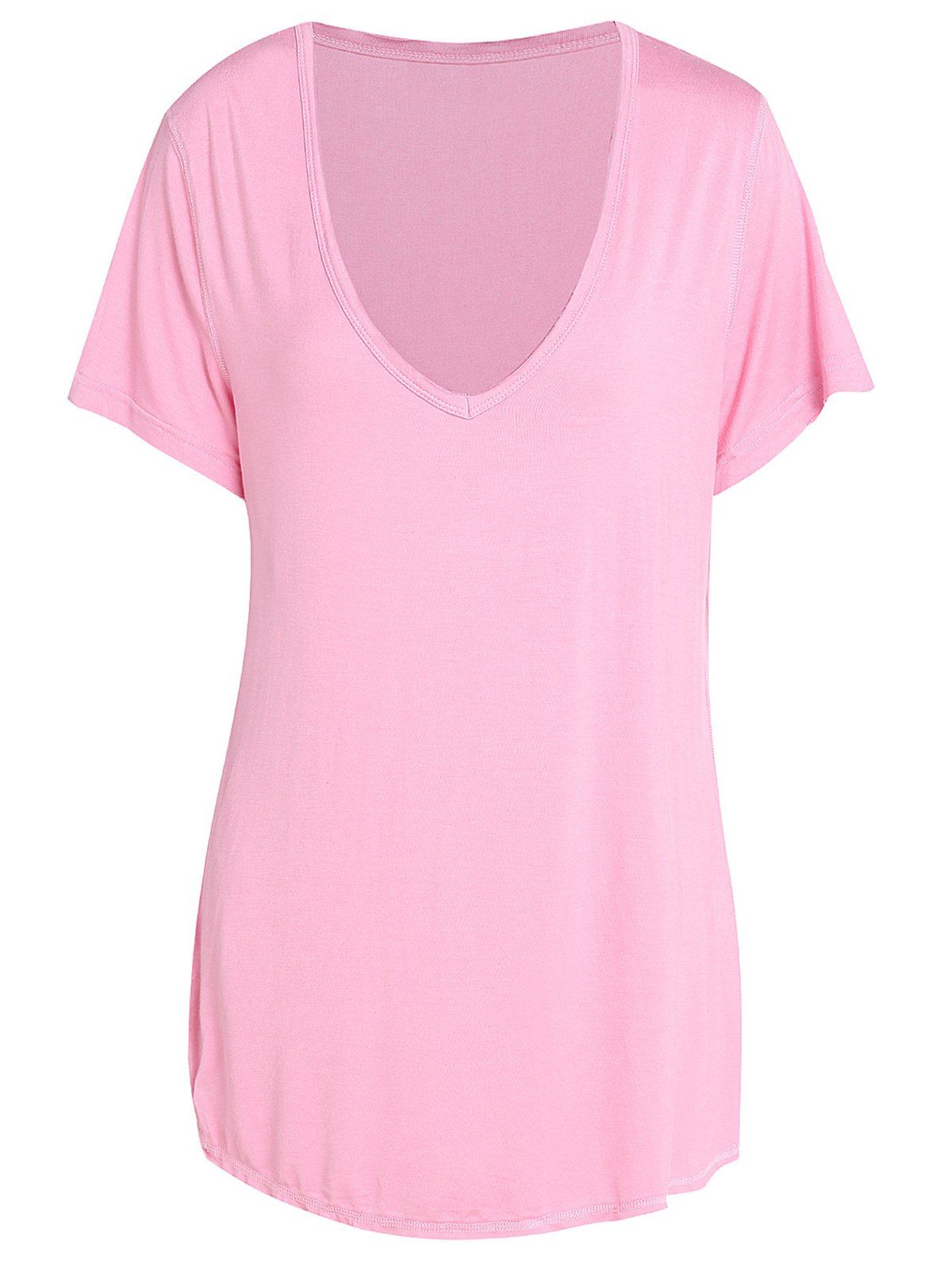 

Women's Chic Pure Color V-Neck Short Sleeve T-Shirt, Pink