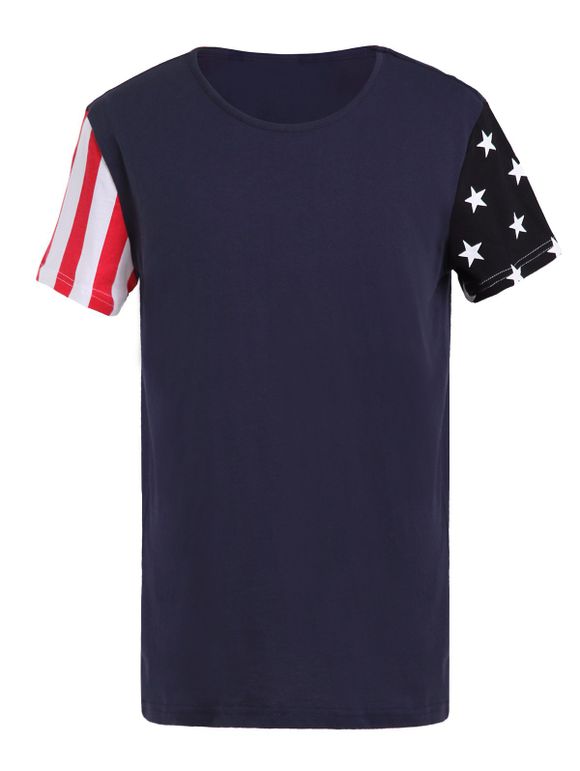 USA Flag Imprimer épissage T-shirt de col rond manches courtes hommes - Cadetblue 2XL