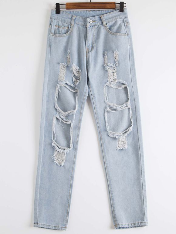 Élégant Trou design Mid-Waisted Jeans - Bleu M