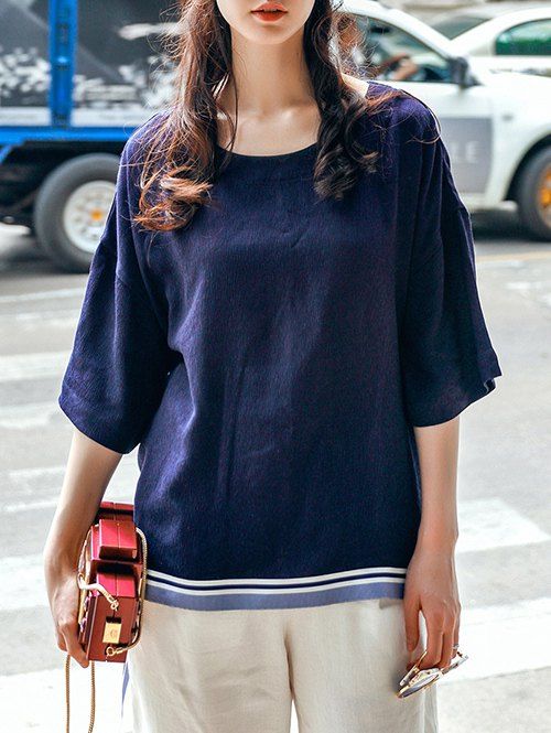 

Refreshing 3/4 Sleeve Split Asymmetrical T-Shirt For Women, Purplish blue