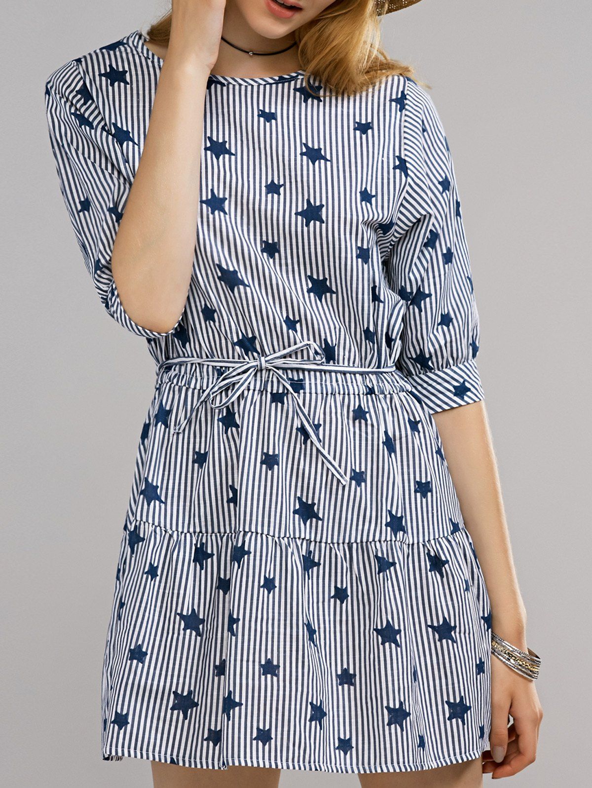 

Chic Plus Size Star Print Striped Women's Mini Dress, Light blue