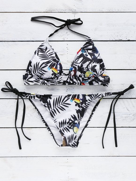 s 'Bikini String Set Halter Oiseau Plante Imprimer la mode Femmes - Blanc S