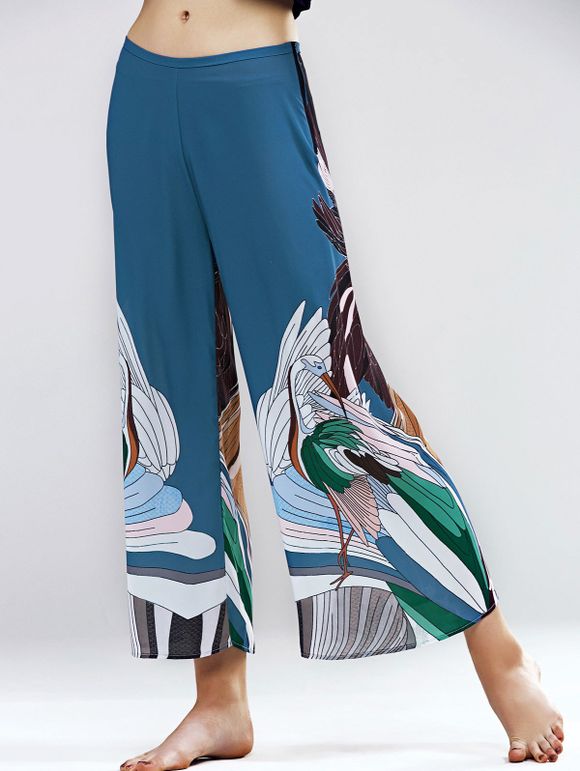 Graceful High Waist Swan Pattern Wide Leg Ninth Pants For Women - multicolore L