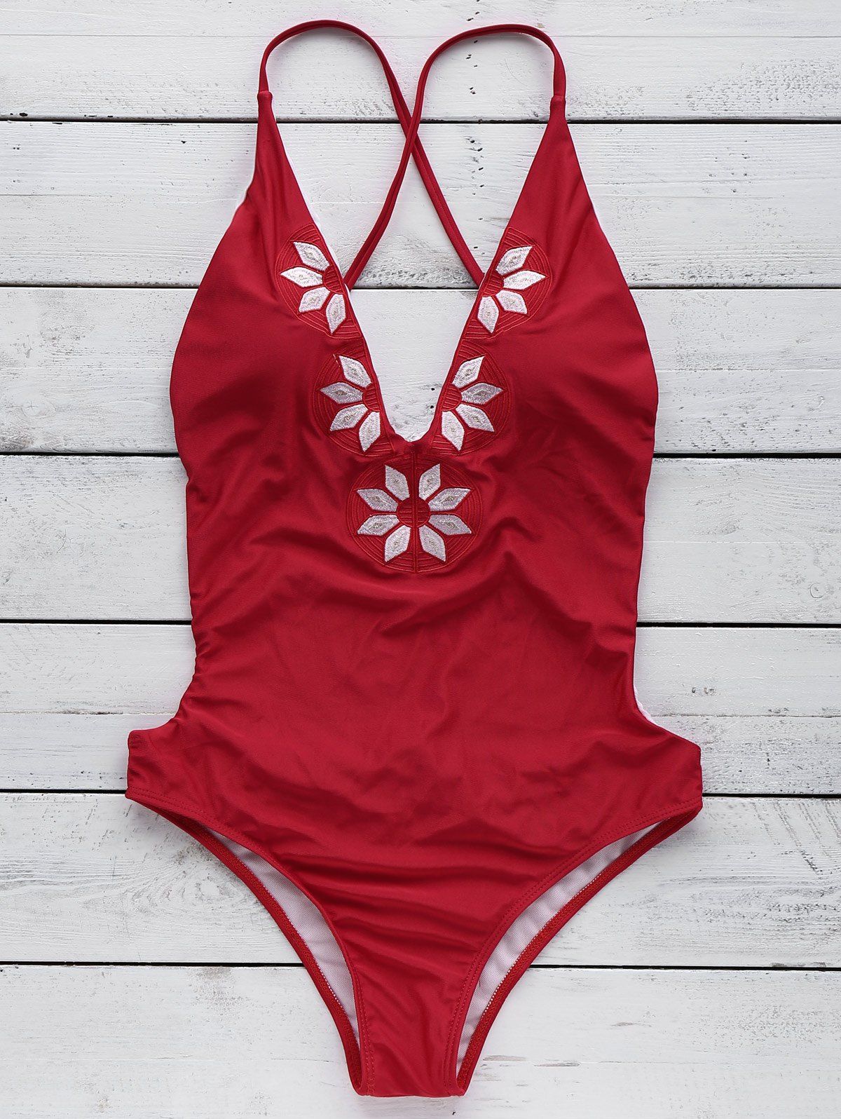 Floral Embroidered Chic Criss Cross Backless Women's Swimwear - RED M