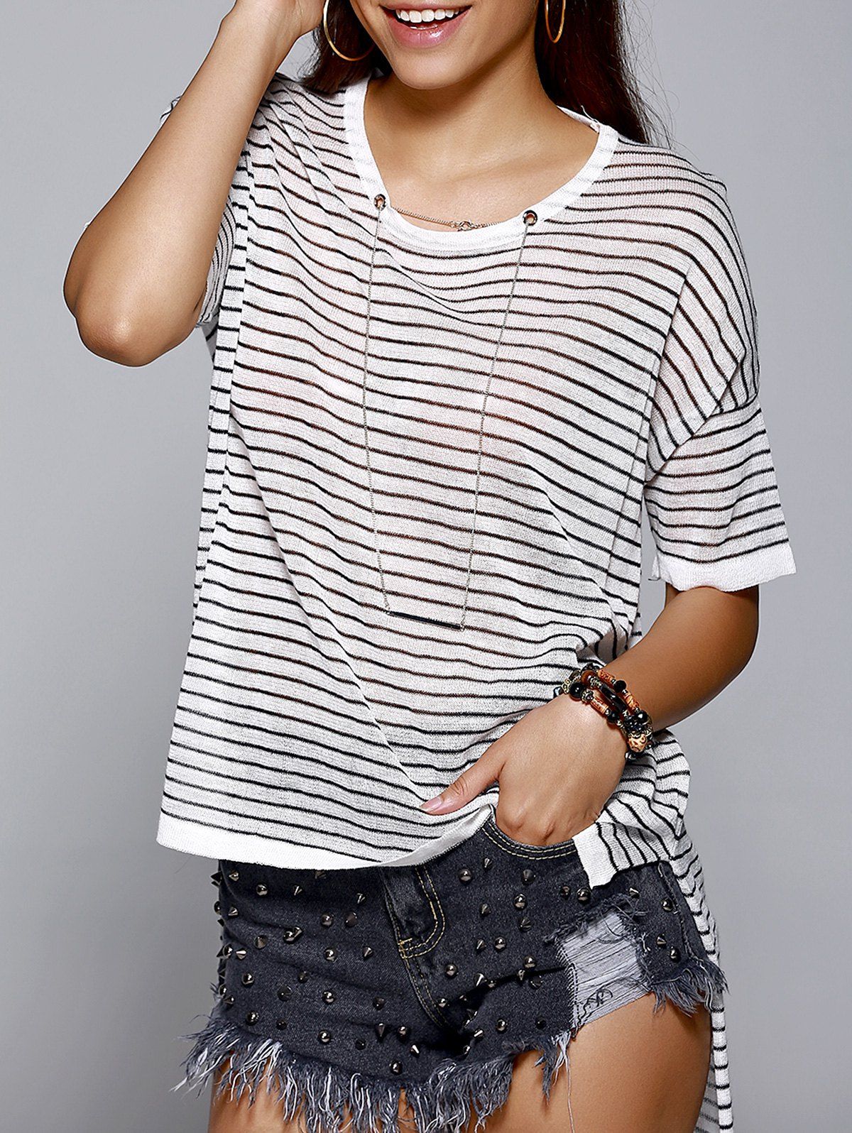 

Fashionable Round Neck Loose-Fitting Striped Asymmetrical Women's Knitwear, Stripe