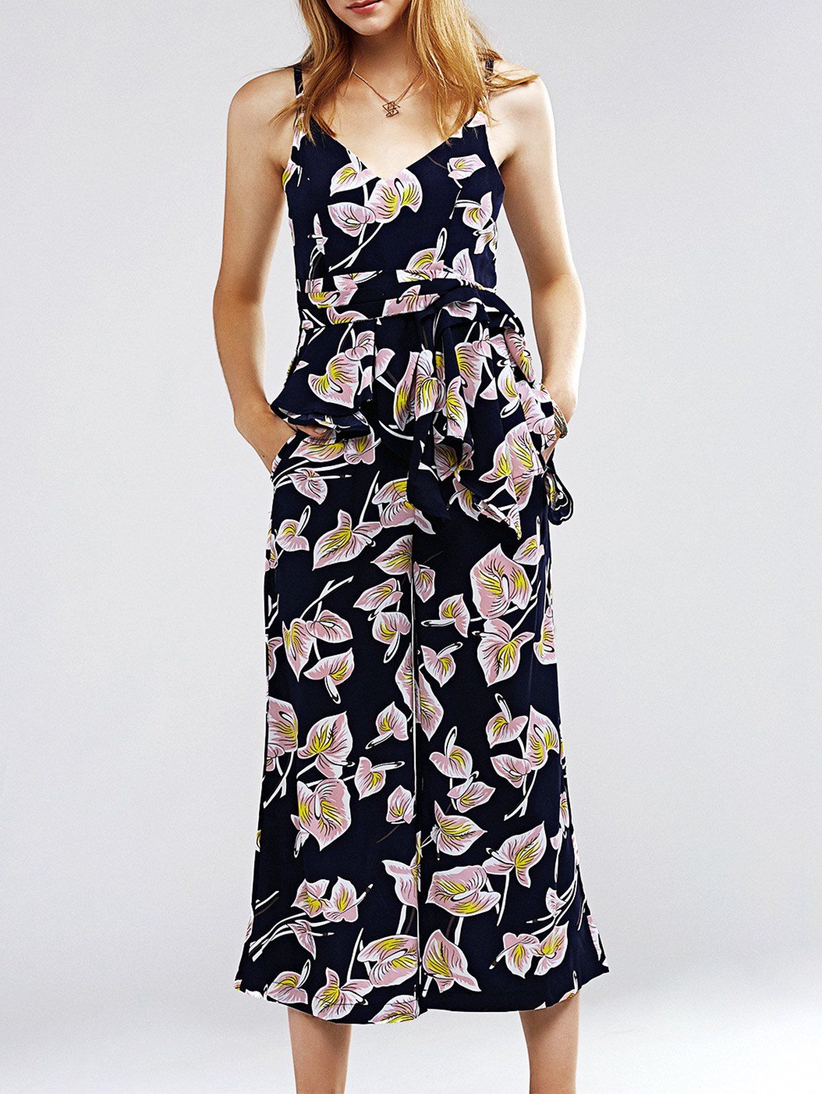 

Chic Ruffle Cami Top and Floral High Waist Palazzo Pants Twinset For Women, Black