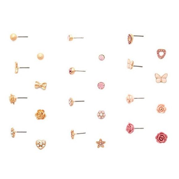 12 paires Délicat strass Rose Boucles d'oreilles Stud coeur pour les femmes - multicolore 