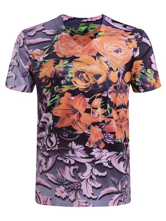 Casual manches courtes Flower Impression V-Collar T-Shirt Men 's - multicolore M