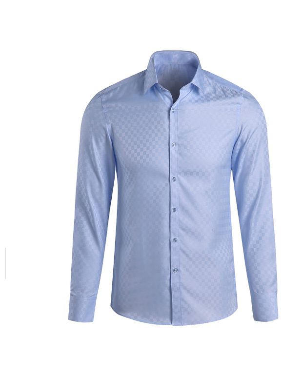 Solide Couleur géométrique foncé Fringe Minceur Hommes d  'col de chemise à manches longues T-shirt - Bleu clair M