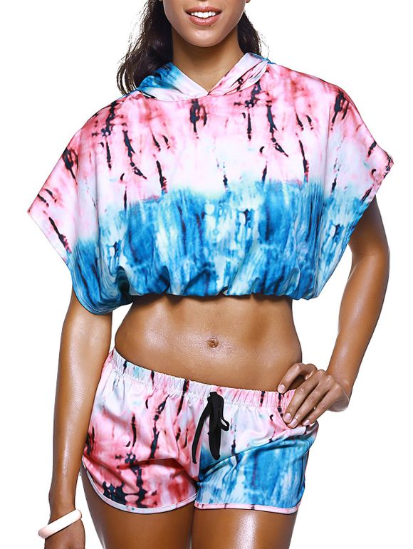 Tie Dye Batwing Hoodie Chic Crop Top and Dolphin Shorts Women's Twinset - Bleu et Rouge XL