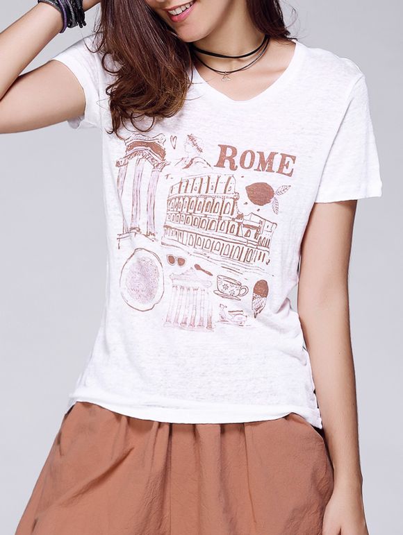 Casual manches courtes Rome Graphic Aménagée T-shirt pour les femmes - Blanc L