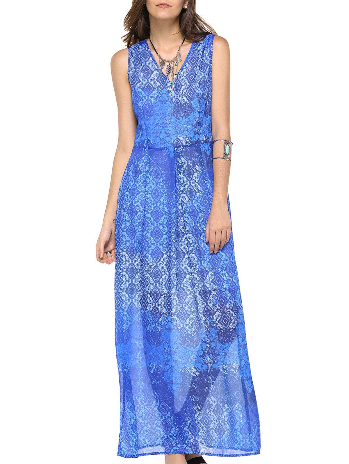 

Fashionable Women's V-neck Sleeveless Print Maxi Dress, Bluish violet