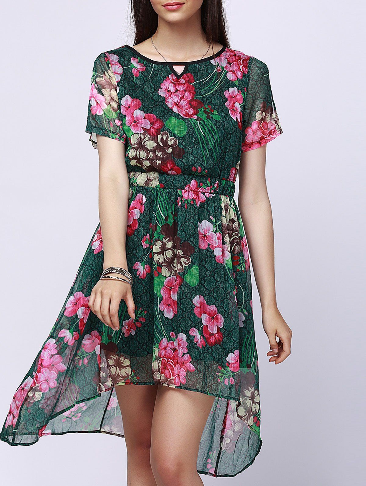 Gorgeous Jewel Neck Short Sleeve Floral Print High Low Dress For Women - GREEN M
