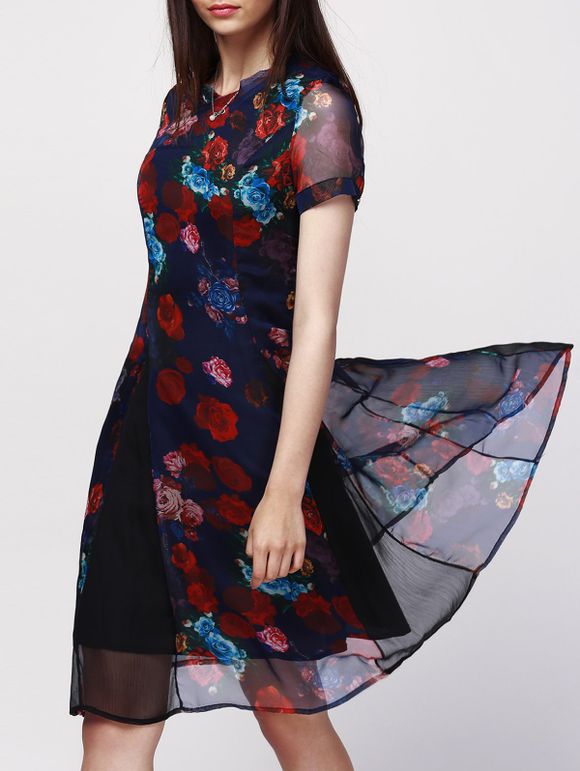 Stunning V-Neck Short Sleeve Floral Print Chiffon Dress For Women - Bleu profond 2XL