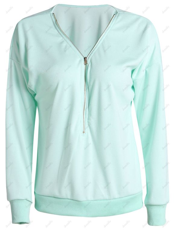Sweat-shirt Élégant Ample Zippé à Col en V à Manches Longues Pour Femme - Vert M