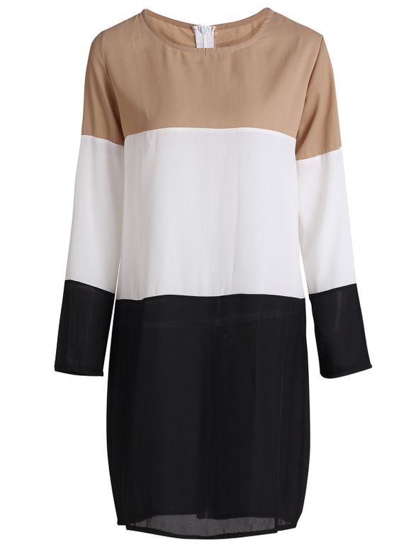 Fashionable Women's Jewel Neck Long Sleeves Shift Dress - Blanc et Noir S