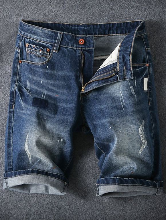 Men's Summer Ripped Zip Fly Straight Legs Denim Shorts - Bleu Toile de Jean 46