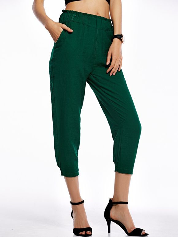 Casual Pure Color Loose Fitting Capri Pants For Women - Vert profond L