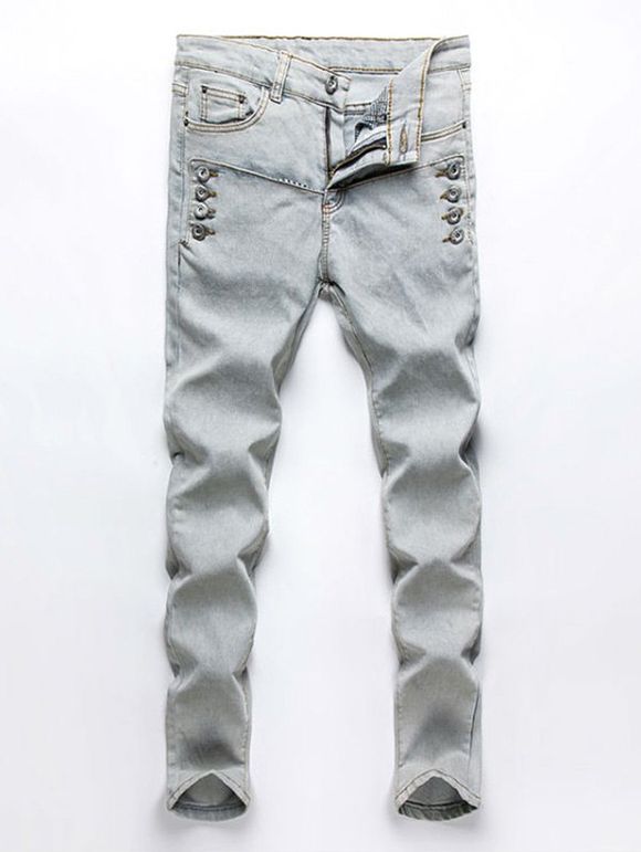 Men 's  Design Bouton Zip Fly Jeans Denim - Bleu Toile de Jean 34