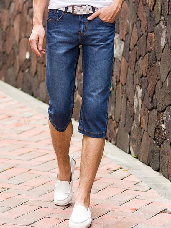 Men's Whisker Printed Zip Fly Straight Legs Denim Shorts - Moyen Bleu 34