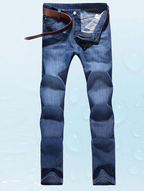 

Men's Simple Solid Color Zip Fly Denim Pants, Deep blue