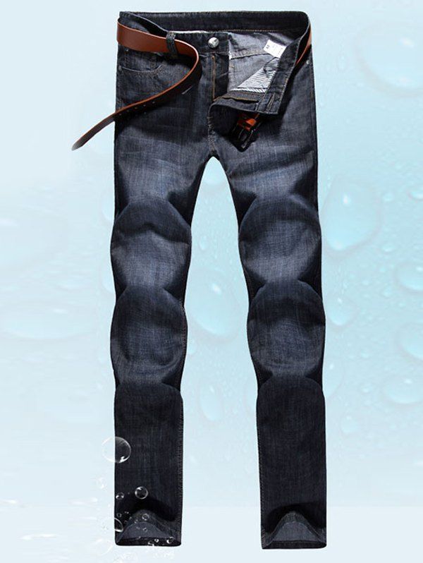 

Men's Simple Solid Color Zip Fly Denim Pants, Blue and black