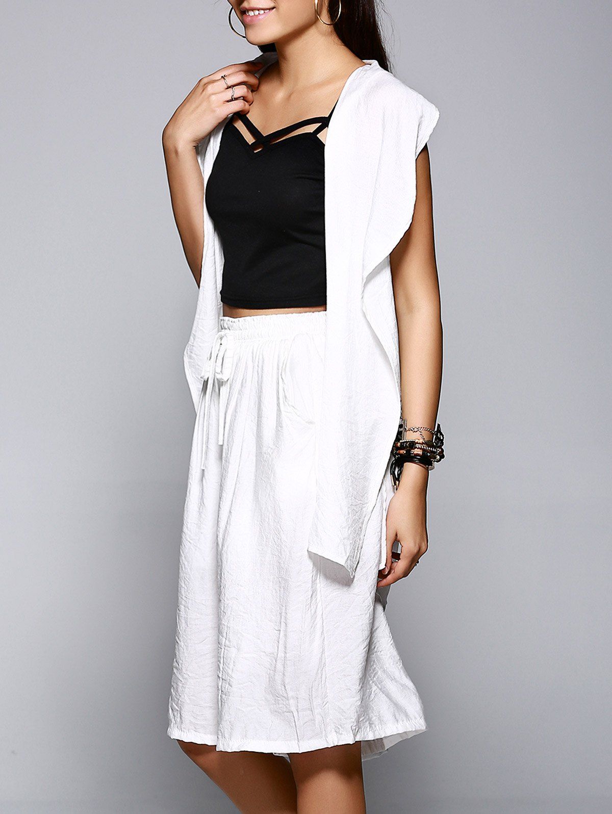 

Irregular Chiffon Hem Longline Vest and Drawstring Palazzo Shorts Chic Women's Twinset, White