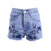 Vintage Style Women's High Waist Raw Edged Floral Embellished Denim Shorts - Bleu clair 3XL