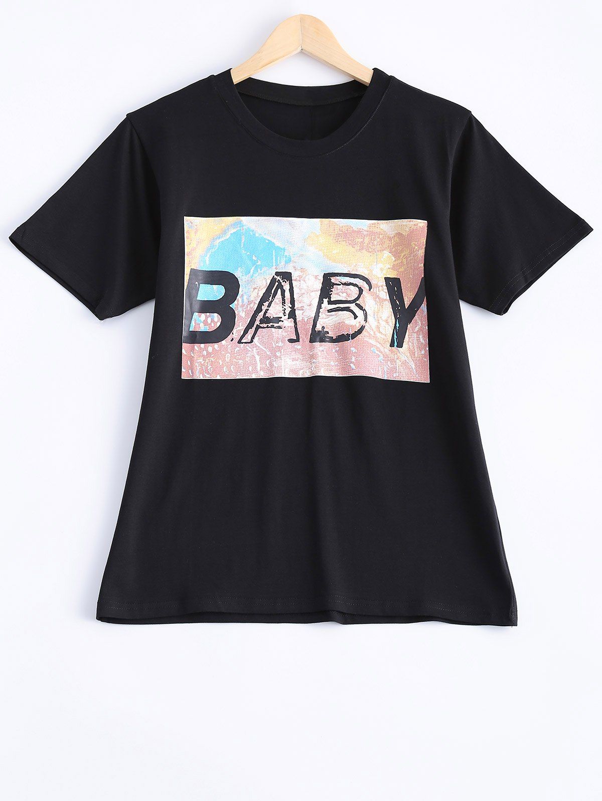 

Fashionable Women's Round Neck Alphabet Print Short Sleeves Top, Black