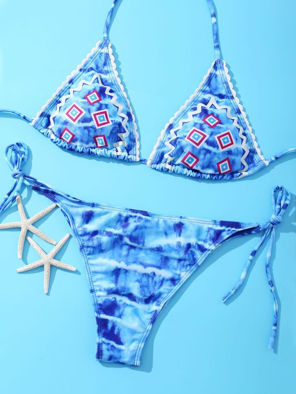 Attractive Women's Halter Geometric Print Tie-Back Bikini Set - bleu eau M